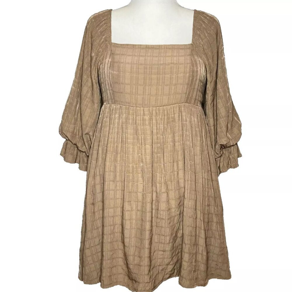 Entro Anthropologie Babydoll Dress L Balloon Sleeve Pocket Smocking Boho Western
